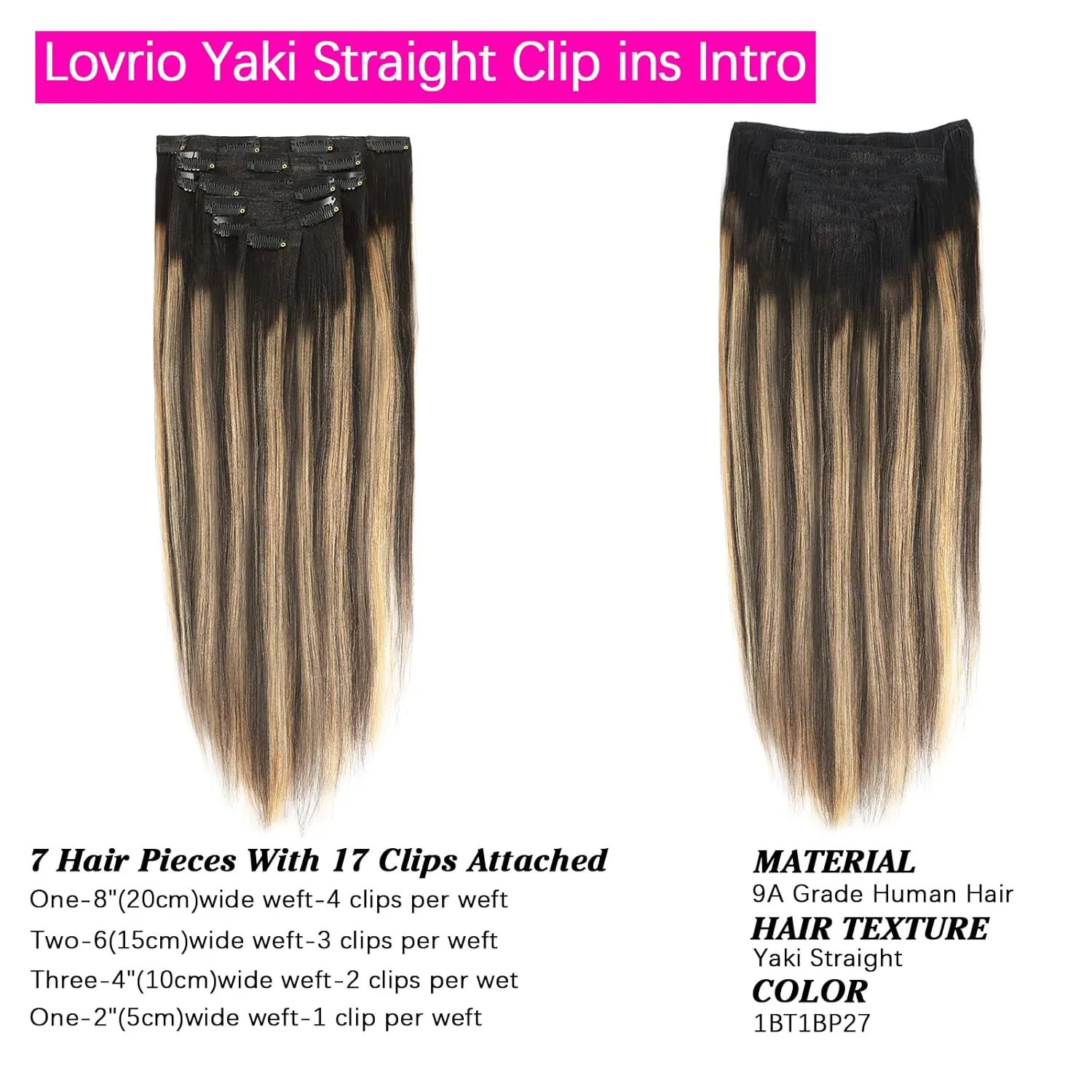 Yaki Clip in Hair Extensions Human Hair Root Natural Black #1B to Caramel Blonde #27 Yaki Straight Clip ins Human Hair Double Weft Light Yaki Clip ins Full Head 14inch 7 Pcs With 17 Clips 120G
