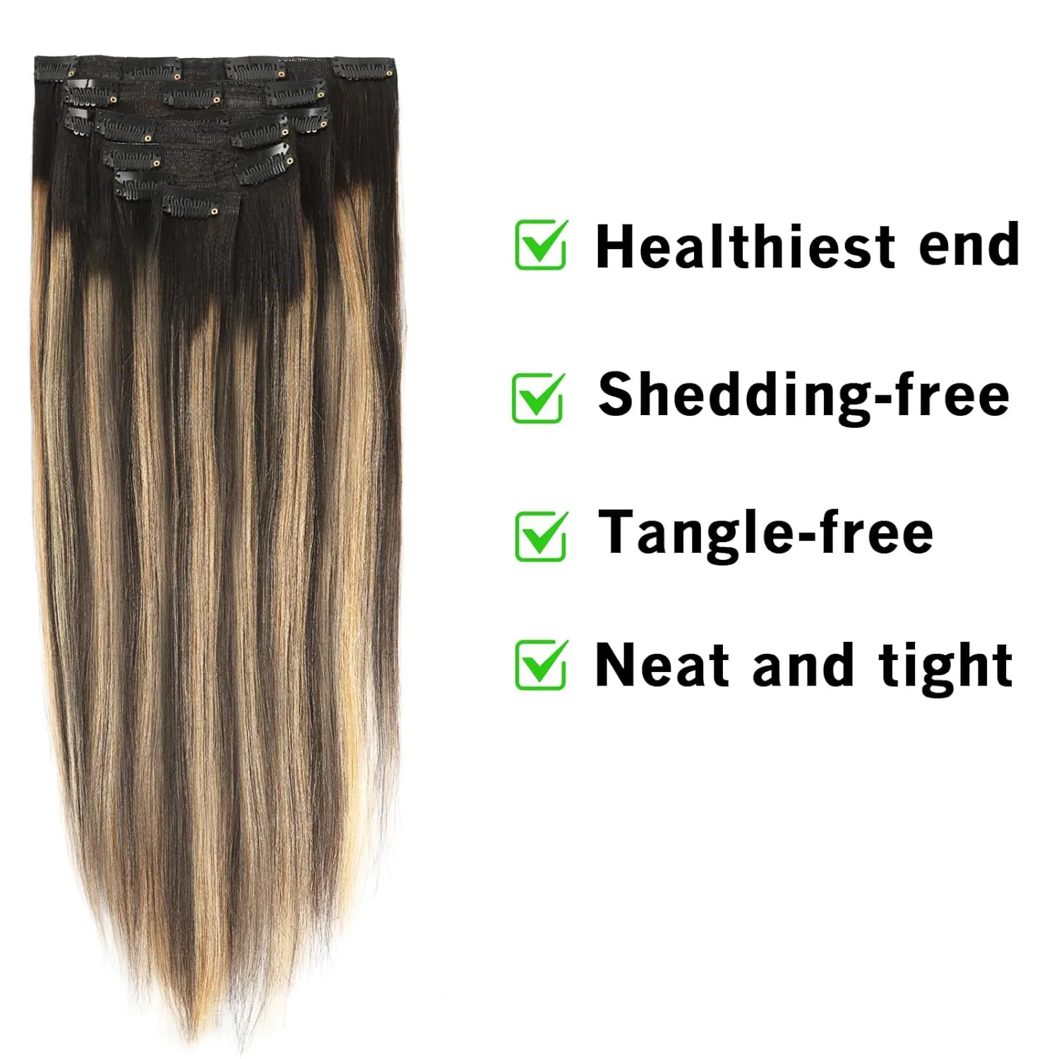 Yaki Clip in Hair Extensions Human Hair Root Natural Black #1B to Caramel Blonde #27 Yaki Straight Clip ins Human Hair Double Weft Light Yaki Clip ins Full Head 14inch 7 Pcs With 17 Clips 120G