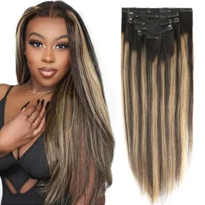 Yaki Clip in Hair Extensions Human Hair Root Natural Black #1B to Caramel Blonde #27 Yaki Straight Clip ins Human Hair Double Weft Light Yaki Clip ins Full Head 14inch 7 Pcs With 17 Clips 120G