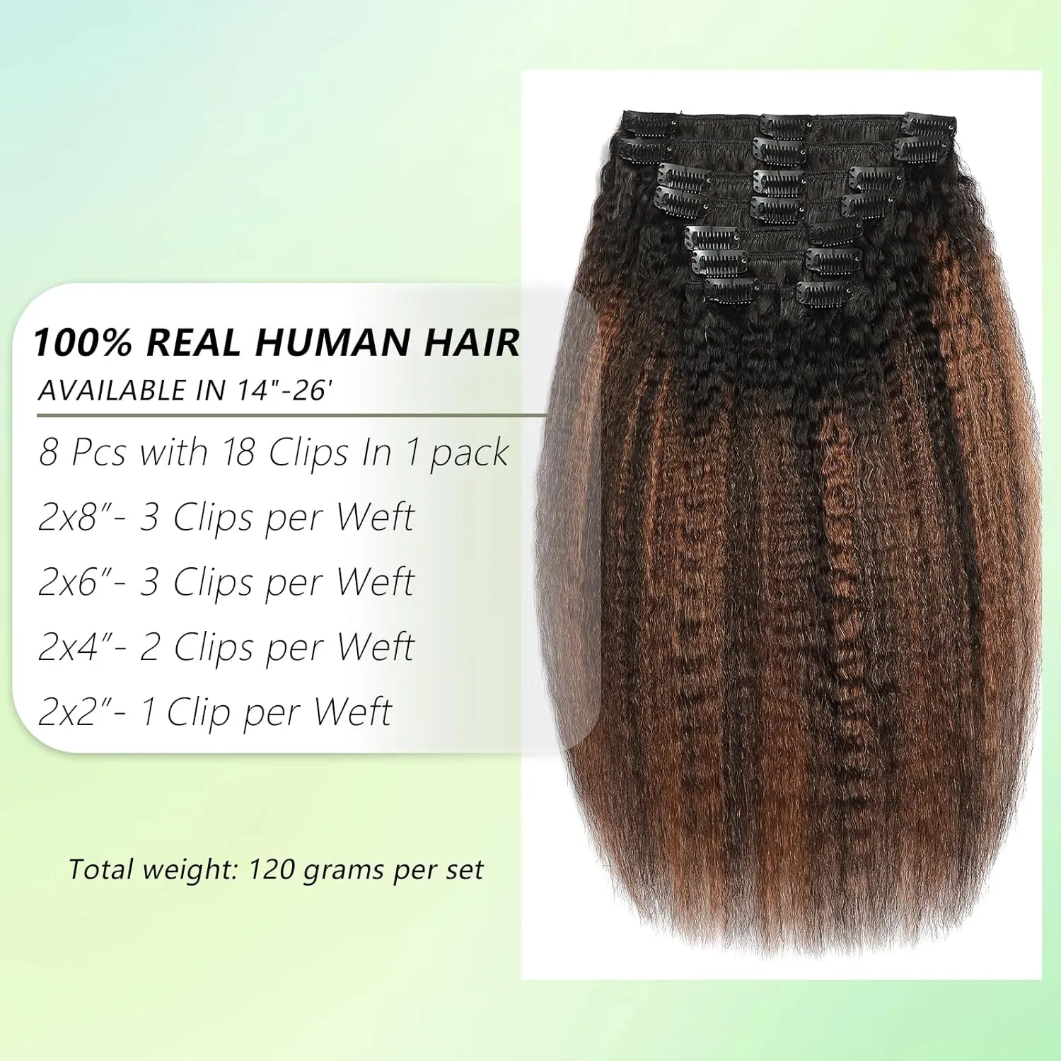 Yaki Straight Clip in Hair Extensions 14 Inch Real Remy Human Hair Rooted Black Fading to Natural Black #1B Mixed With Light Auburn #30 Yaki Clip ins Yaki Straight Hair for Black Women 8Pcs 120G