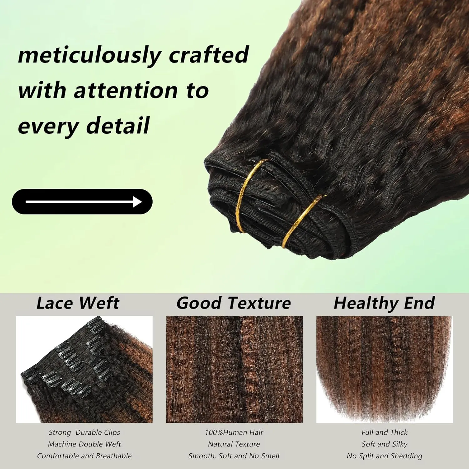 Yaki Straight Clip in Hair Extensions 14 Inch Real Remy Human Hair Rooted Black Fading to Natural Black #1B Mixed With Light Auburn #30 Yaki Clip ins Yaki Straight Hair for Black Women 8Pcs 120G