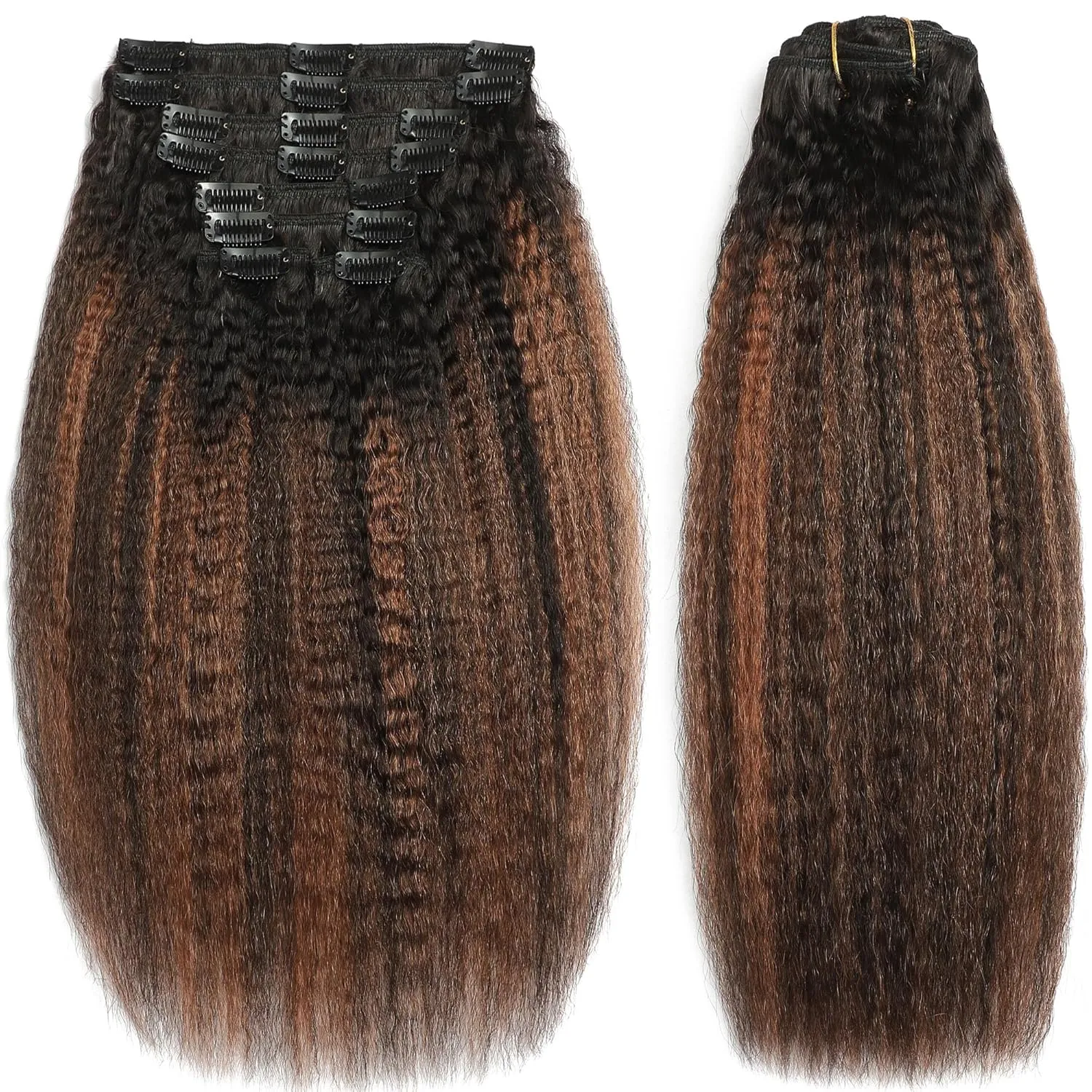 Yaki Straight Clip in Hair Extensions 14 Inch Real Remy Human Hair Rooted Black Fading to Natural Black #1B Mixed With Light Auburn #30 Yaki Clip ins Yaki Straight Hair for Black Women 8Pcs 120G