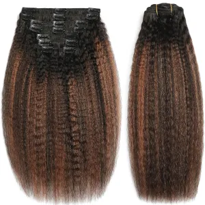 Yaki Straight Clip in Hair Extensions 14 Inch Real Remy Human Hair Rooted Black Fading to Natural Black #1B Mixed With Light Auburn #30 Yaki Clip ins Yaki Straight Hair for Black Women 8Pcs 120G