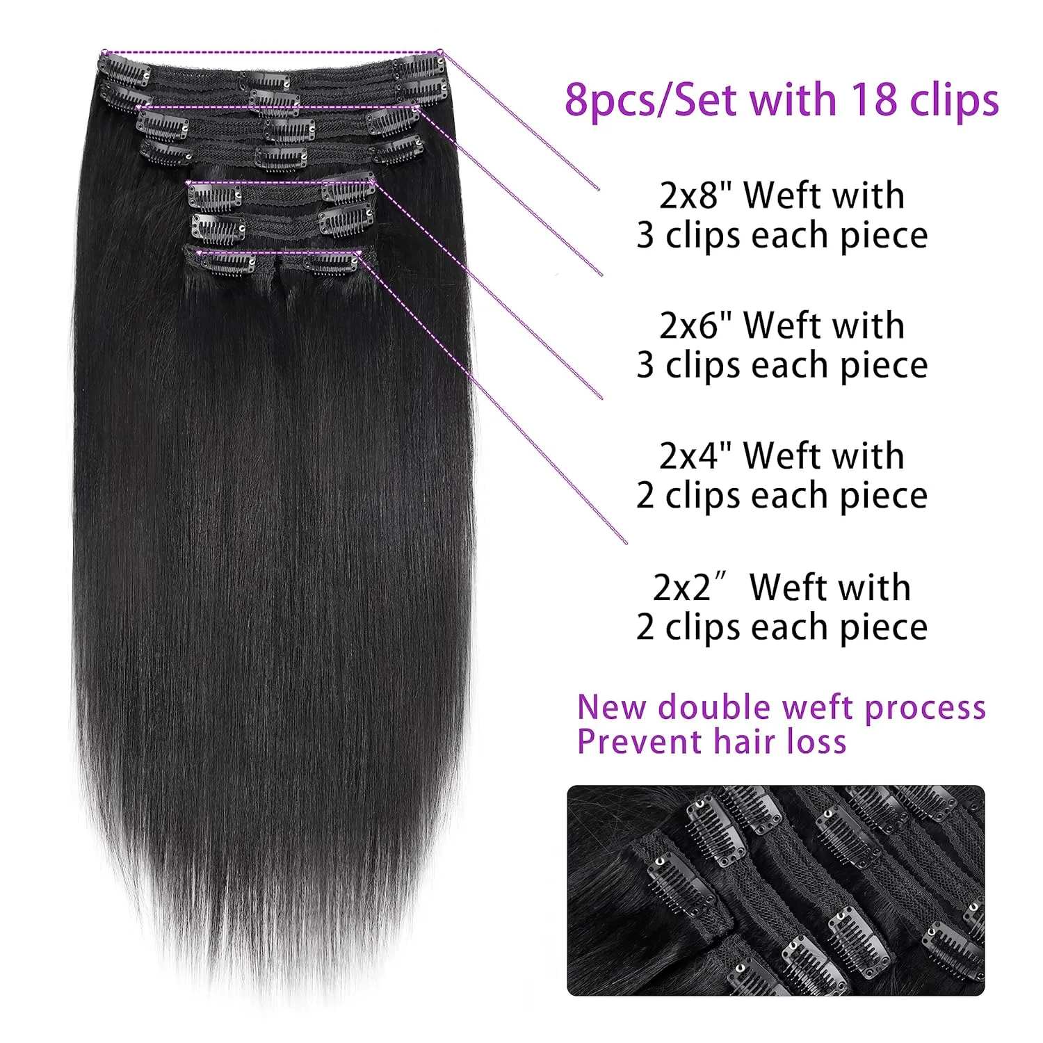 Yaki Straight Clip in Hair Extensions Real Human Hair Affordable12 Inch Yaki Straight Clip ins Human Hair Brazilian Virgin Hair clip on Hair Extensions 18Clips Per Set 120G