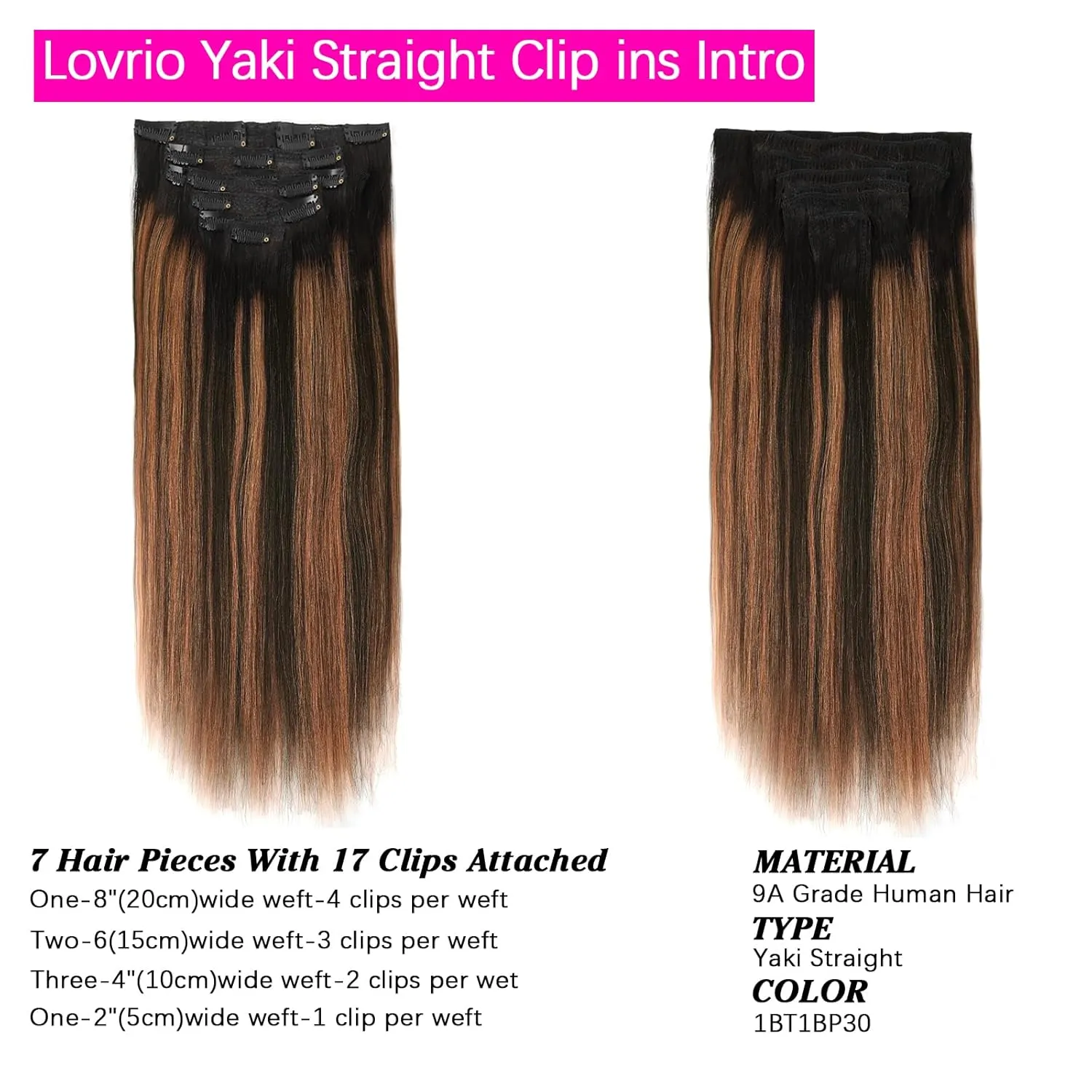 Yaki Straight Clip in Real Remy Human Hair Ombre Rooted Natural Black Fading to Black #1B Mixed With Medium Auburn #30 Light Yaki Clip ins for Black Women 120G Full Head Yaki Hair 14inch