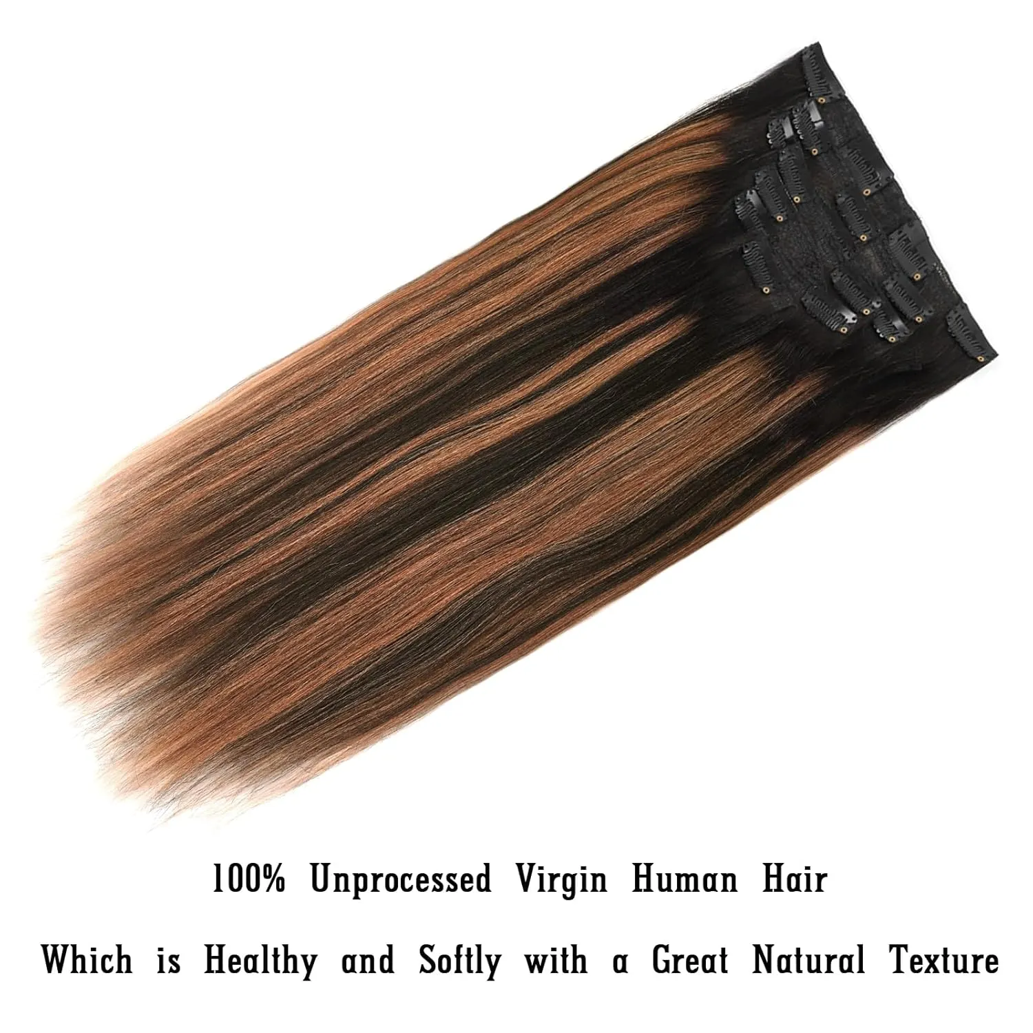 Yaki Straight Clip in Real Remy Human Hair Ombre Rooted Natural Black Fading to Black #1B Mixed With Medium Auburn #30 Light Yaki Clip ins for Black Women 120G Full Head Yaki Hair 14inch