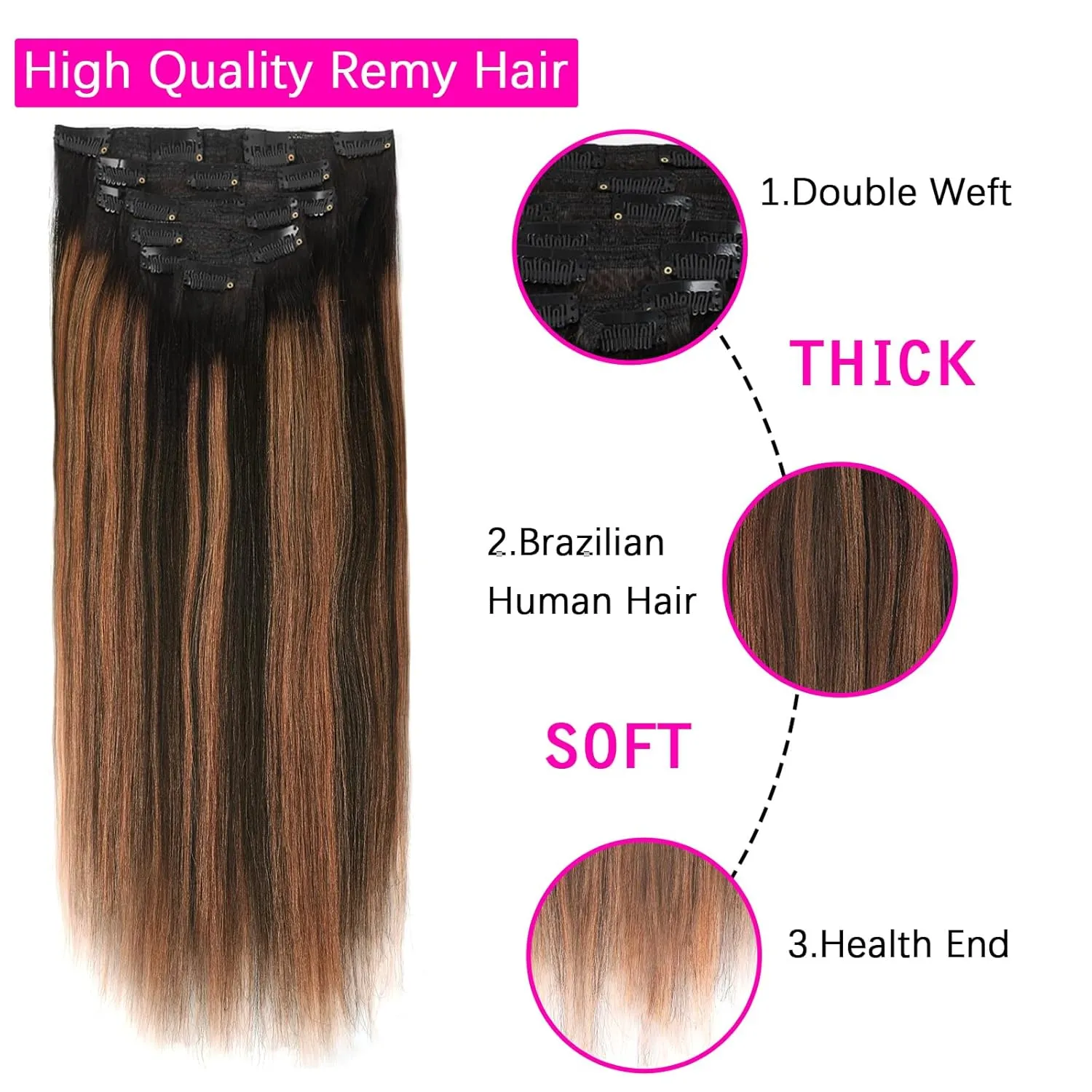 Yaki Straight Clip in Real Remy Human Hair Ombre Rooted Natural Black Fading to Black #1B Mixed With Medium Auburn #30 Light Yaki Clip ins for Black Women 120G Full Head Yaki Hair 14inch