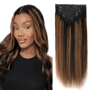 Yaki Straight Clip in Real Remy Human Hair Ombre Rooted Natural Black Fading to Black #1B Mixed With Medium Auburn #30 Light Yaki Clip ins for Black Women 120G Full Head Yaki Hair 14inch