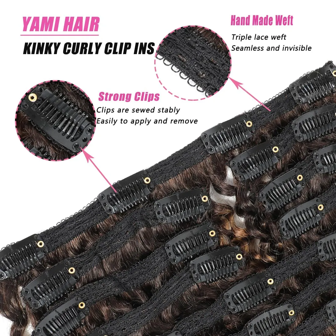 YAMI Kinky Curly Clip in Hair Extensions Clips Triple Weft Brazilian Remy Human Hair 3C 4A Curly Clip in Extensions Afro Kinky Curly Clip ins (P4/30, 16inch)