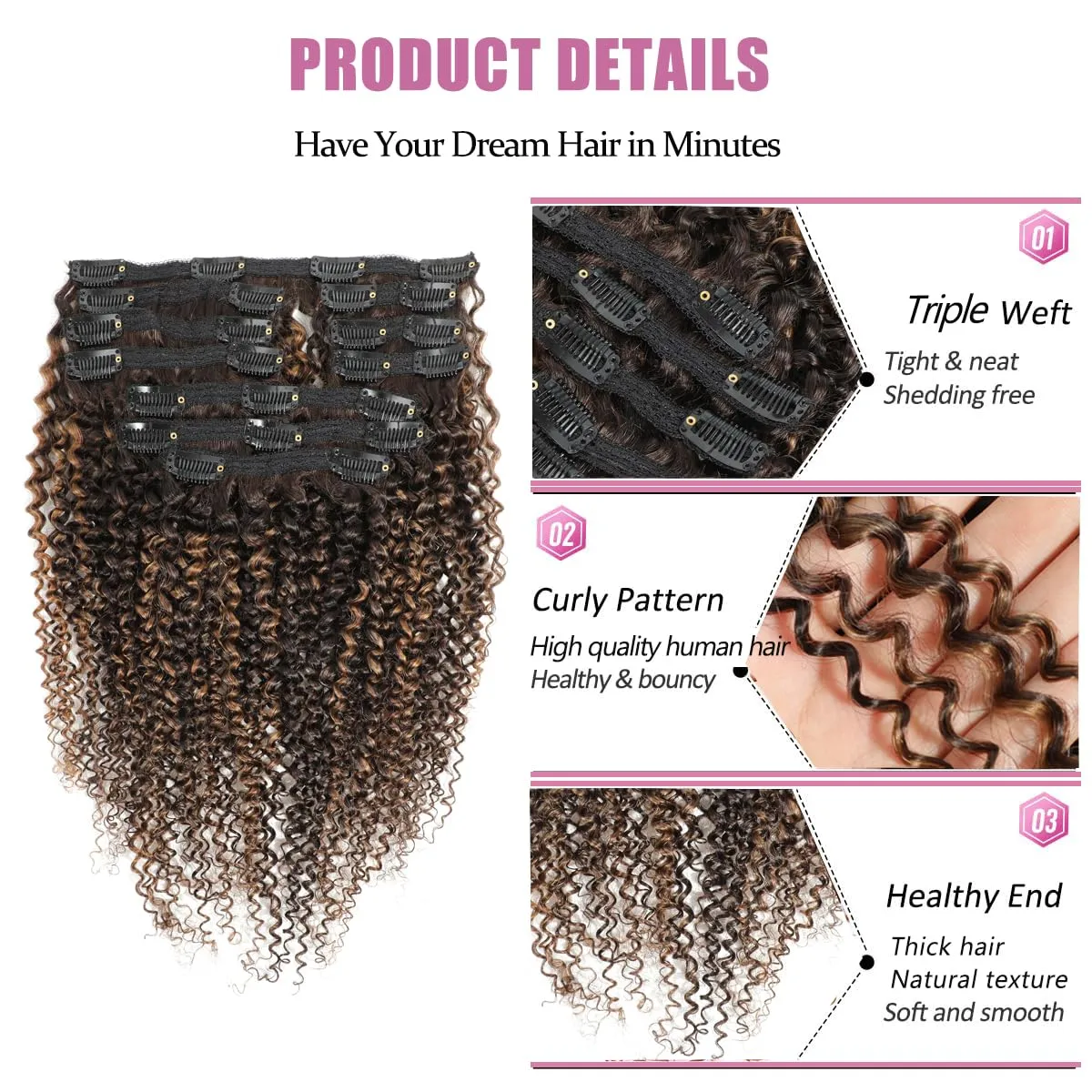 YAMI Kinky Curly Clip in Hair Extensions Clips Triple Weft Brazilian Remy Human Hair 3C 4A Curly Clip in Extensions Afro Kinky Curly Clip ins (P4/30, 16inch)