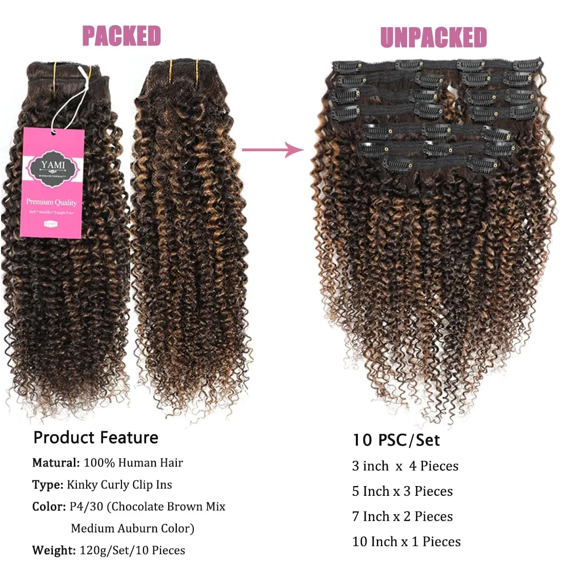 YAMI Kinky Curly Clip in Hair Extensions Clips Triple Weft Brazilian Remy Human Hair 3C 4A Curly Clip in Extensions Afro Kinky Curly Clip ins (P4/30, 16inch)