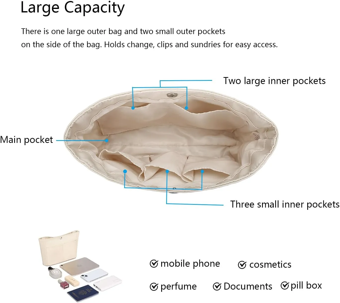 YONEBN waterproof Storage Bag Lightweight Large Capacity nylon Bag Inner Bag Handbag Organizer