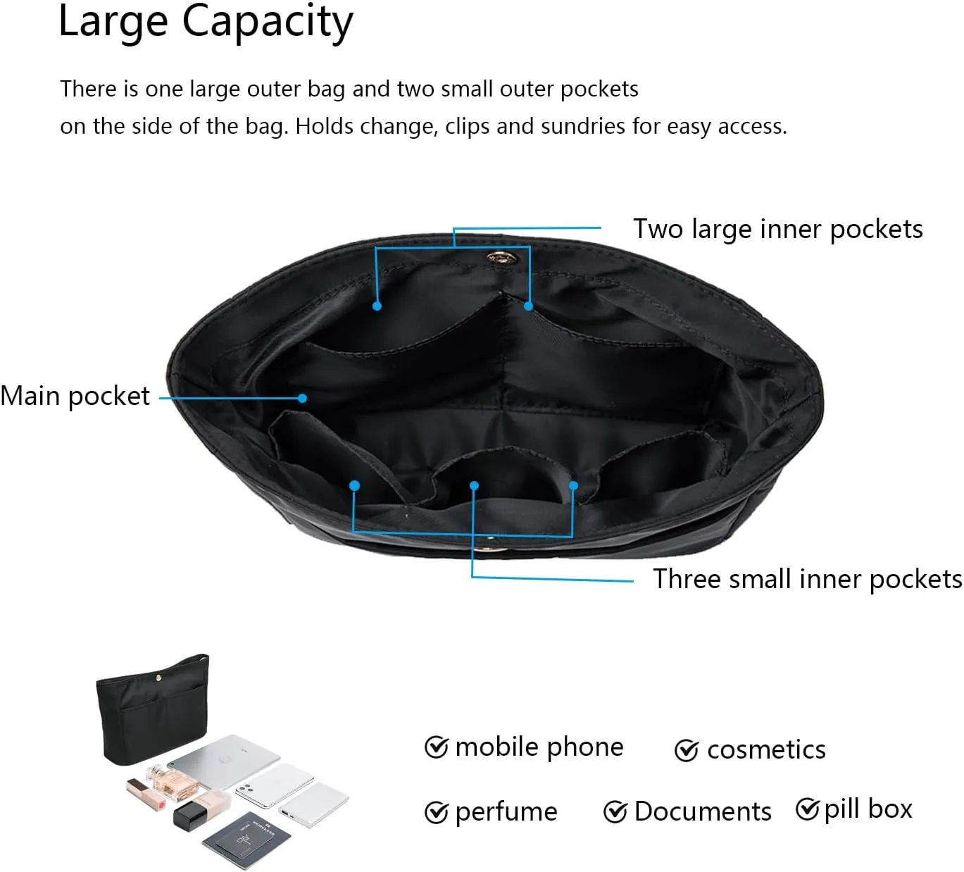 YONEBN waterproof Storage Bag Lightweight Large Capacity nylon Bag Inner Bag Handbag Organizer