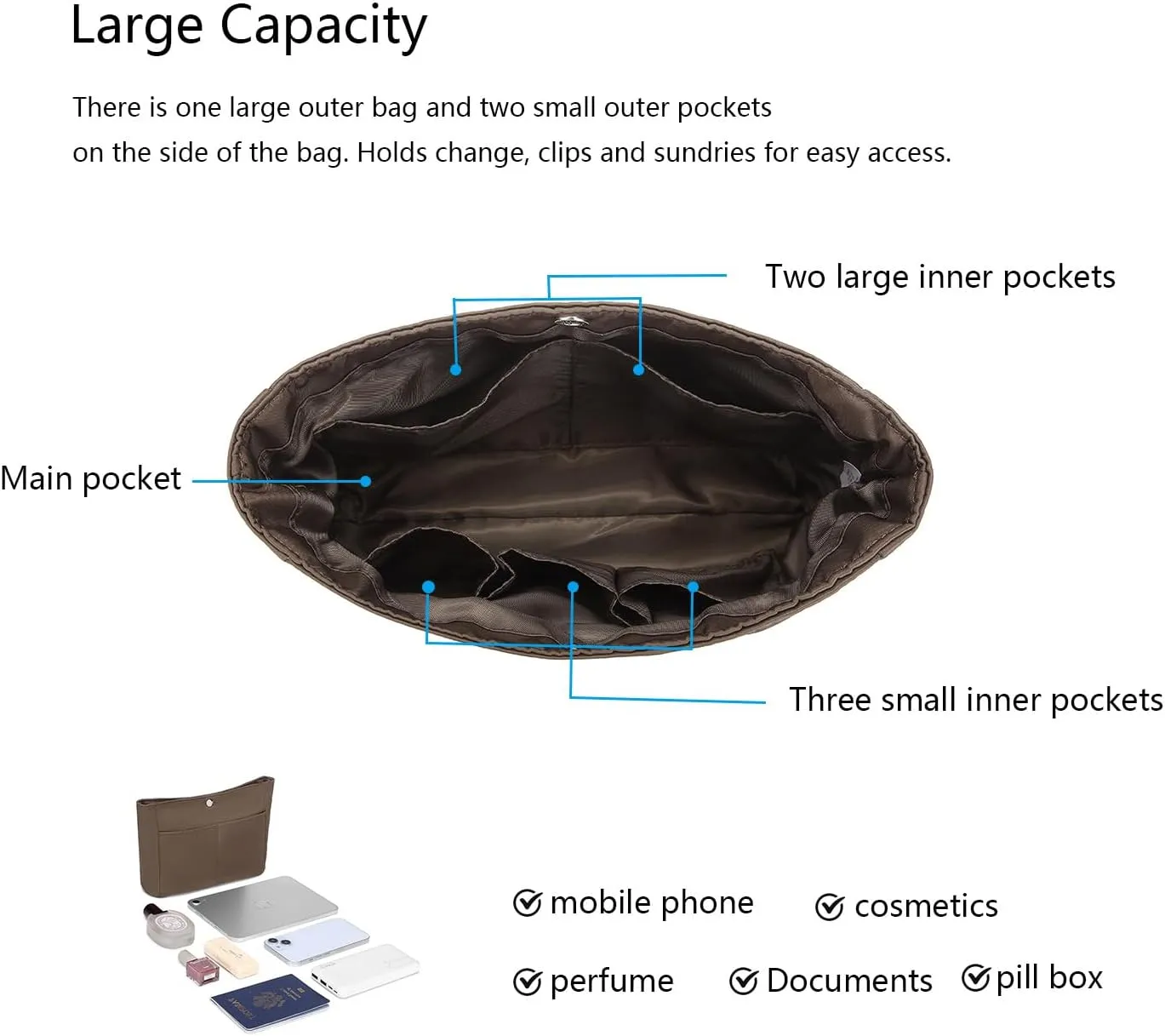 YONEBN waterproof Storage Bag Lightweight Large Capacity nylon Bag Inner Bag Handbag Organizer