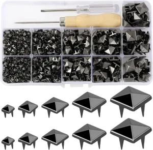 YORANYO 968 Pcs Assorted Sizes Square Pyramid Studs Prong Studs for Clothing Leather Rivet Kit Spikes and Studs for Leather Craft Clothing Belts Bags Shoes Bracelets Dog Collar Accessories (Gun Metal)