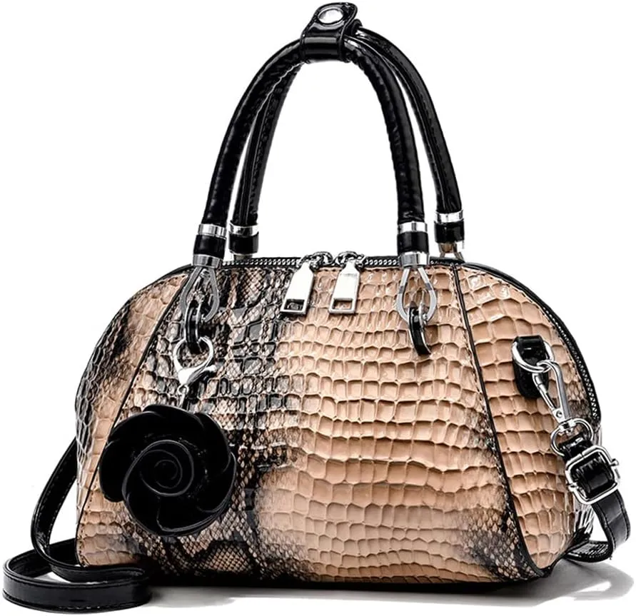ZiMing® Women Handbag Snake Print Shoulder Bag Crocodile Leather Top Handle Handbag Rose Pendant Purse
