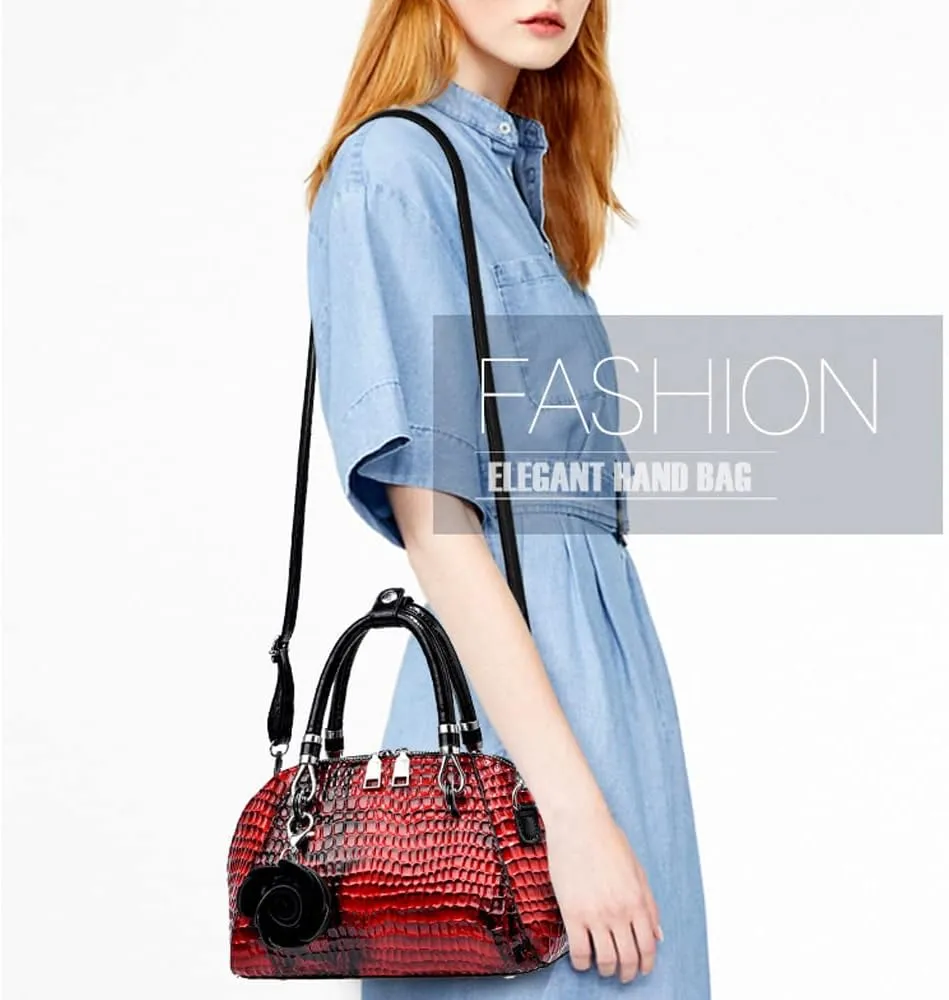 ZiMing® Women Handbag Snake Print Shoulder Bag Crocodile Leather Top Handle Handbag Rose Pendant Purse
