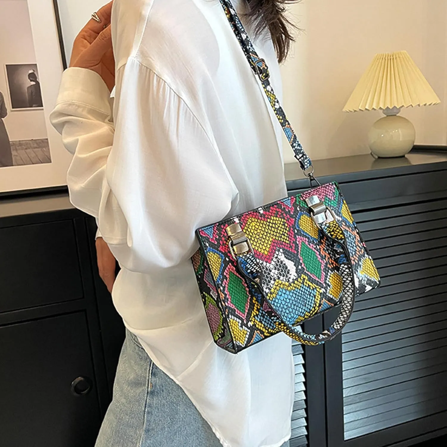 ZLM BAG US Women Mini Top Handle Bag Snakeskin Print Leather Crossbody Shoulder Bag Zipper Satchel Purse