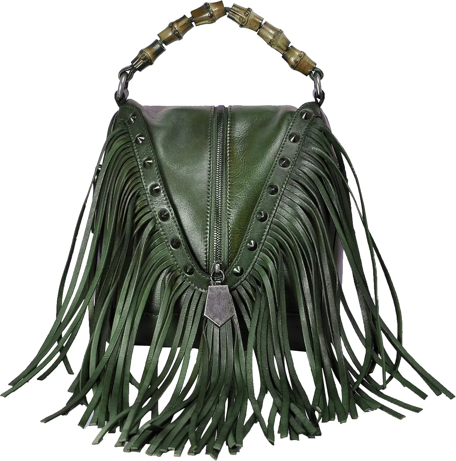 ZLYC Women's Leather Bamboo Hand Strap Featured Fringe Bohemian Tassel Studed Cross Body Bag
