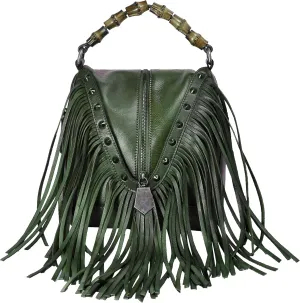 ZLYC Women's Leather Bamboo Hand Strap Featured Fringe Bohemian Tassel Studed Cross Body Bag