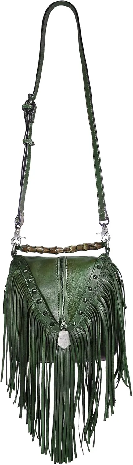 ZLYC Women's Leather Bamboo Hand Strap Featured Fringe Bohemian Tassel Studed Cross Body Bag
