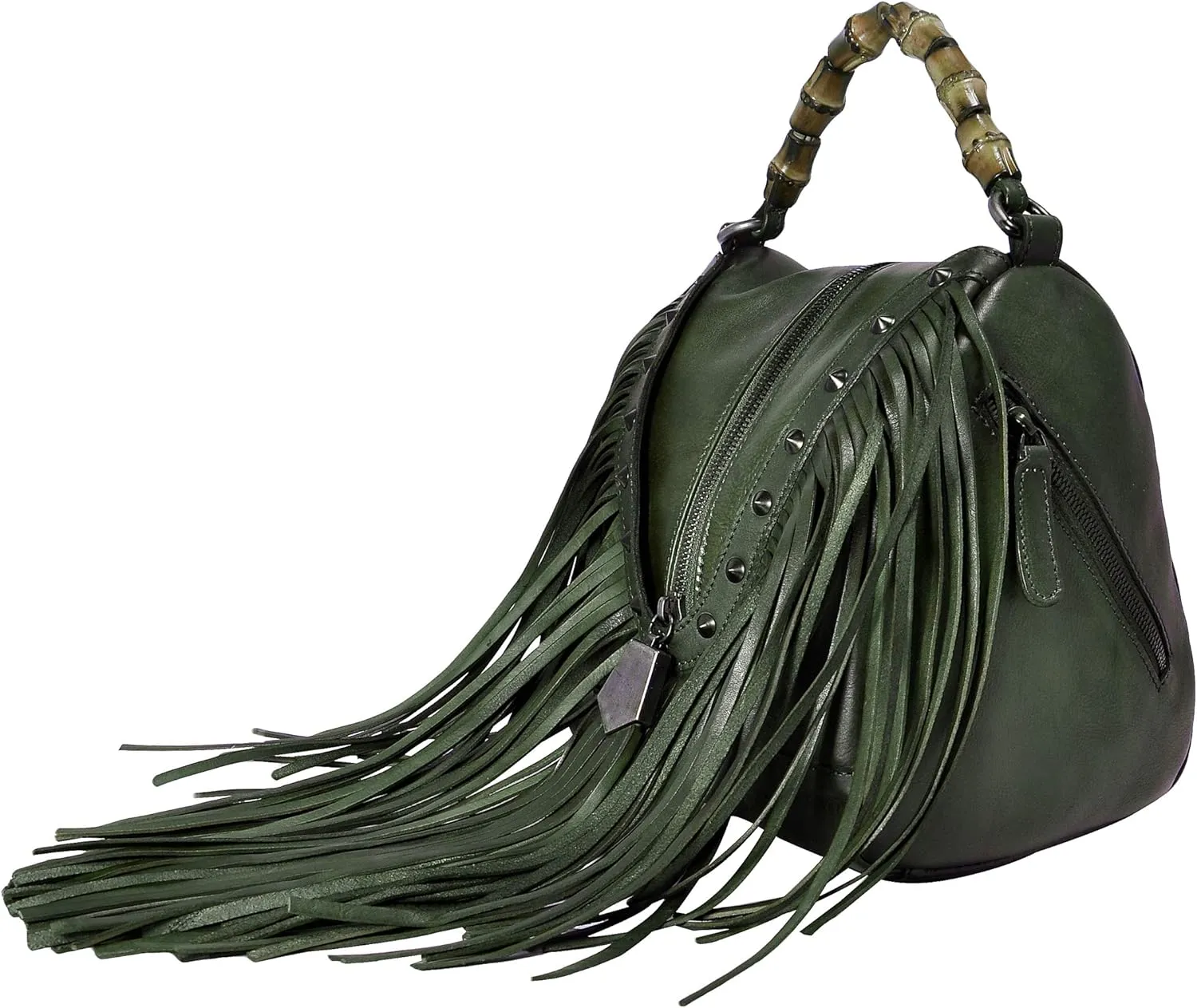 ZLYC Women's Leather Bamboo Hand Strap Featured Fringe Bohemian Tassel Studed Cross Body Bag