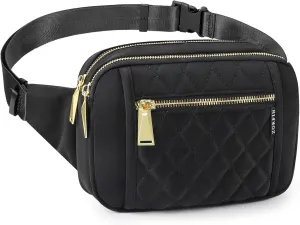 ZORFIN Fanny Packs for Women Men, Quilted Belt Bag with 5 Zipper Pockets, Fashion Waist Pack Crossbody Bag with Adjustable Belt for Travel/Shopping/Hiking/Running/Cycling (Quilted Black)