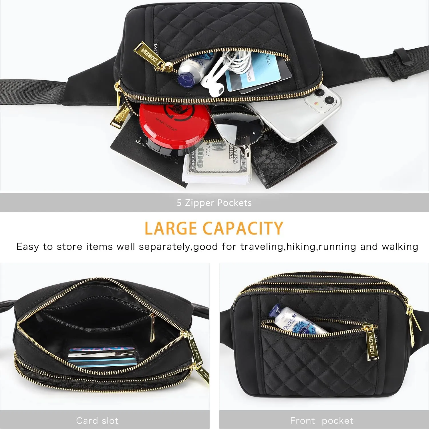 ZORFIN Fanny Packs for Women Men, Quilted Belt Bag with 5 Zipper Pockets, Fashion Waist Pack Crossbody Bag with Adjustable Belt for Travel/Shopping/Hiking/Running/Cycling (Quilted Black)