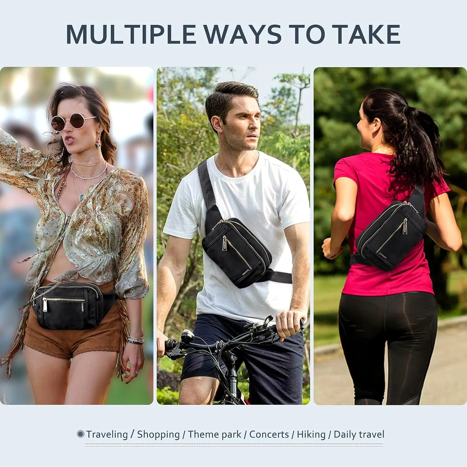 ZORFIN Fanny Packs for Women Men, Quilted Belt Bag with 5 Zipper Pockets, Fashion Waist Pack Crossbody Bag with Adjustable Belt for Travel/Shopping/Hiking/Running/Cycling (Quilted Black)