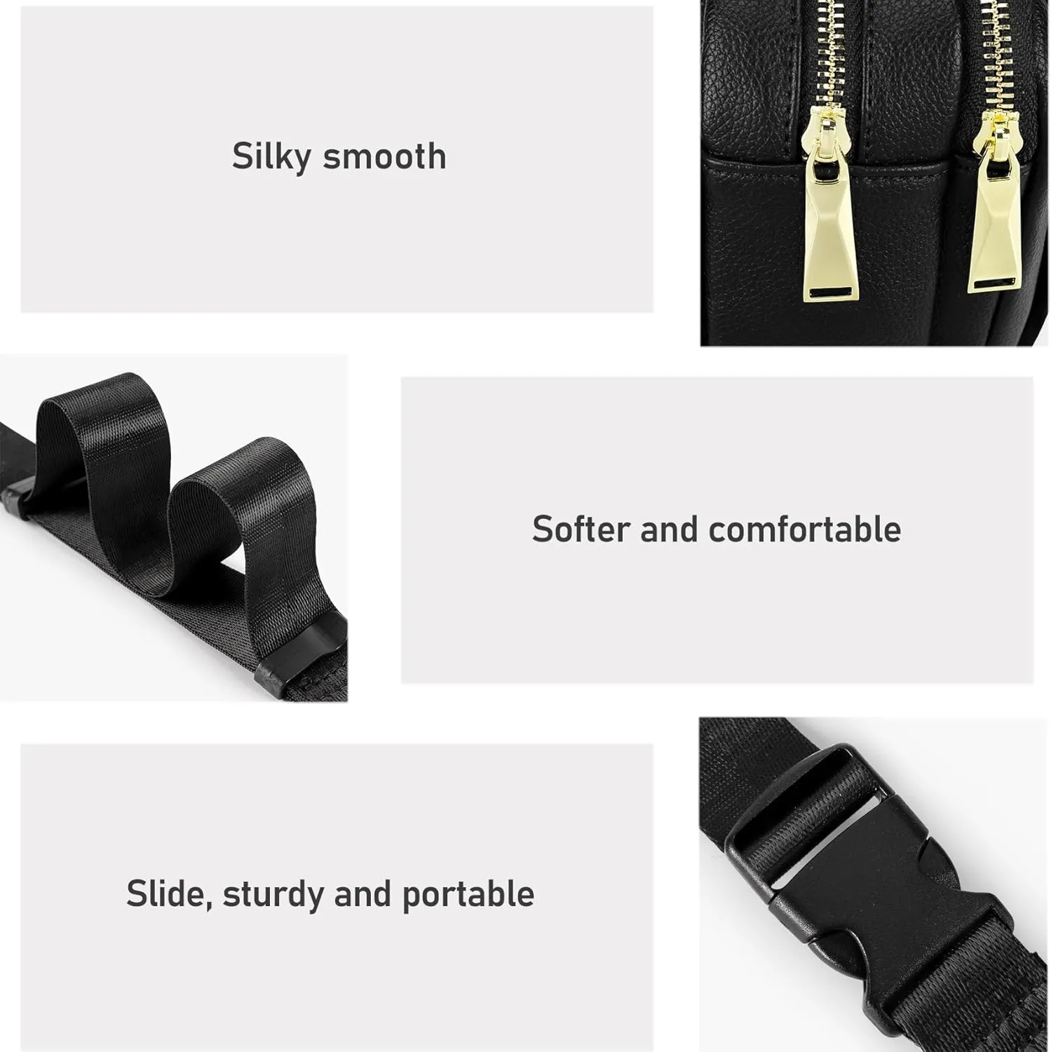 ZORFIN Fanny Packs for Women Men, Quilted Belt Bag with 5 Zipper Pockets, Fashion Waist Pack Crossbody Bag with Adjustable Belt for Travel/Shopping/Hiking/Running/Cycling (Quilted Black)