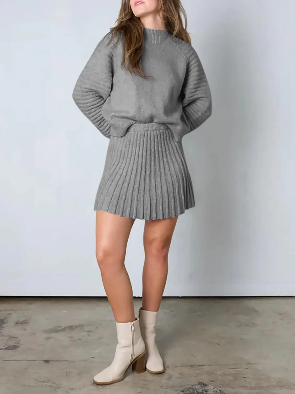Zwurew Women's 2 Piece Outfits 2024 Long Sleeve Mock Neck Ribbed Sweaters And Mini Skirt Two Piece Sets
