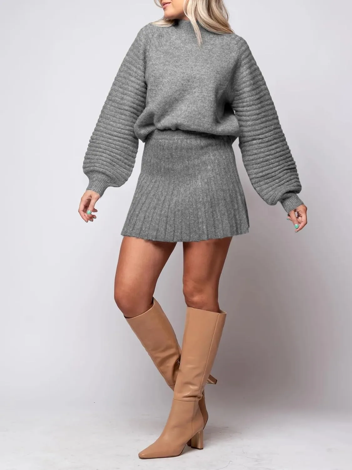 Zwurew Women's 2 Piece Outfits 2024 Long Sleeve Mock Neck Ribbed Sweaters And Mini Skirt Two Piece Sets