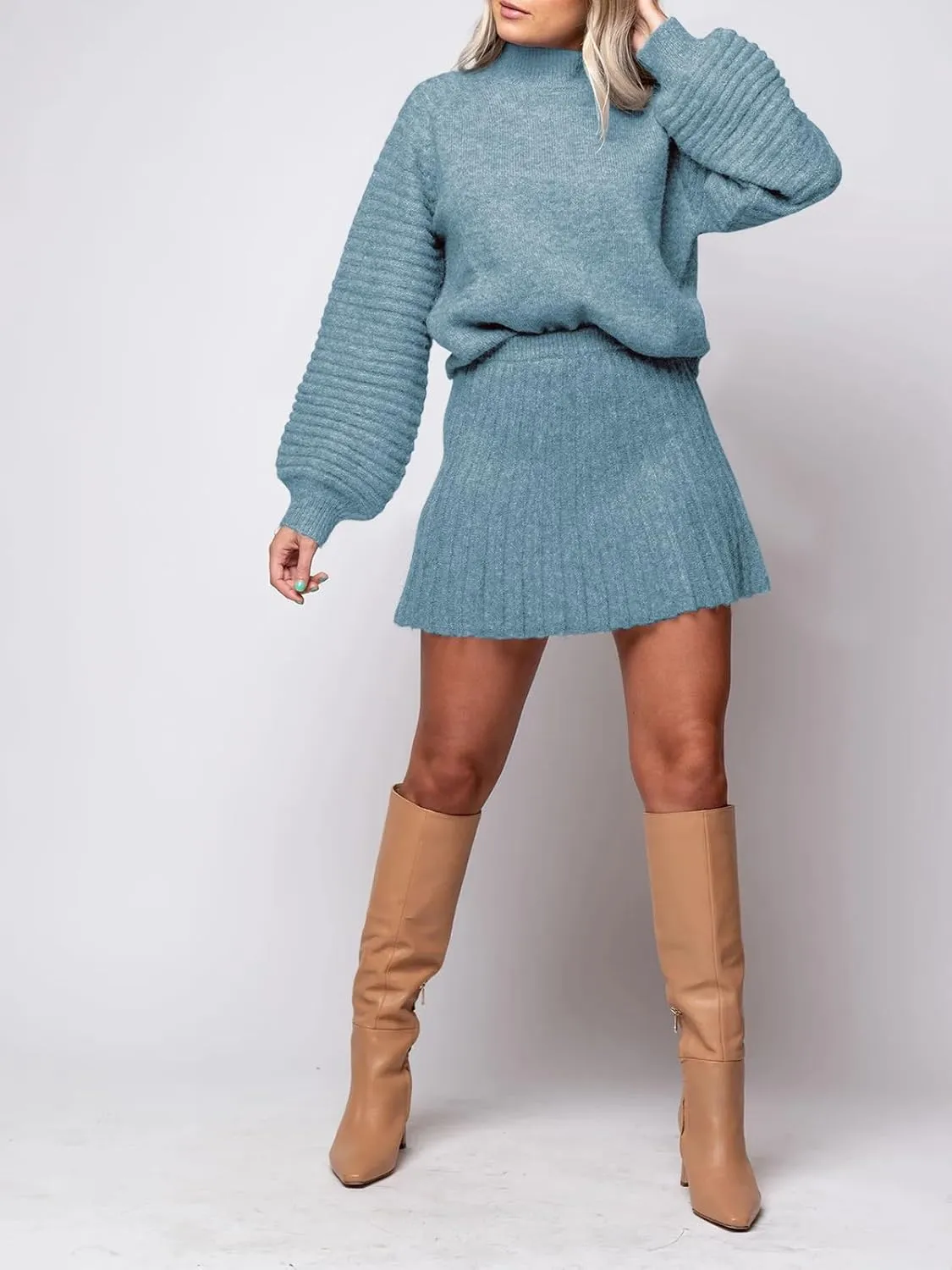 Zwurew Women's 2 Piece Outfits 2024 Long Sleeve Mock Neck Ribbed Sweaters And Mini Skirt Two Piece Sets