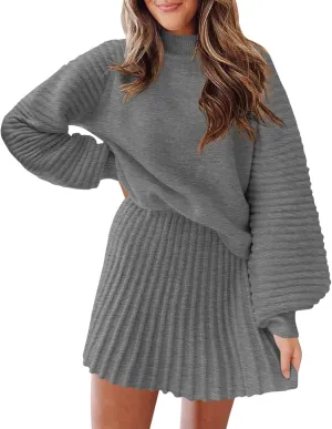Zwurew Women's 2 Piece Outfits 2024 Long Sleeve Mock Neck Ribbed Sweaters And Mini Skirt Two Piece Sets