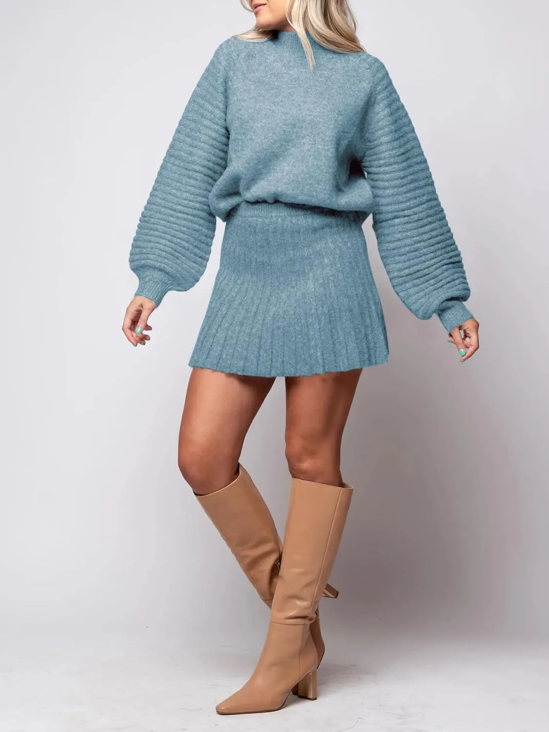 Zwurew Women's 2 Piece Outfits 2024 Long Sleeve Mock Neck Ribbed Sweaters And Mini Skirt Two Piece Sets