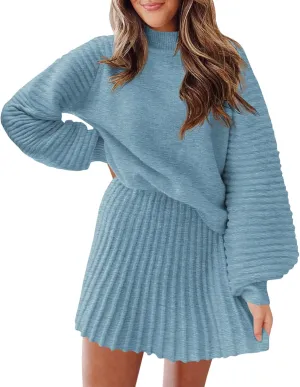 Zwurew Women's 2 Piece Outfits 2024 Long Sleeve Mock Neck Ribbed Sweaters And Mini Skirt Two Piece Sets
