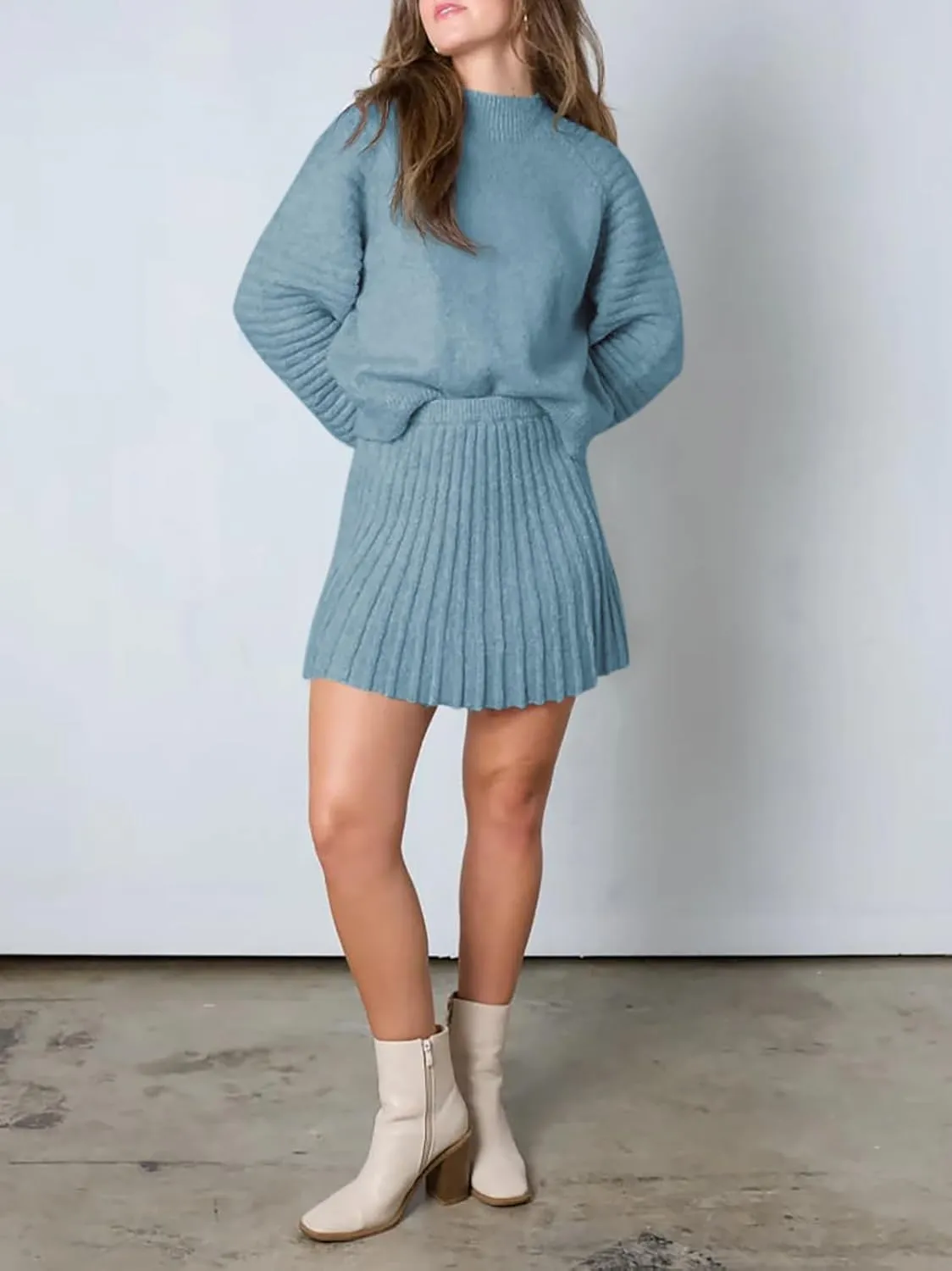 Zwurew Women's 2 Piece Outfits 2024 Long Sleeve Mock Neck Ribbed Sweaters And Mini Skirt Two Piece Sets