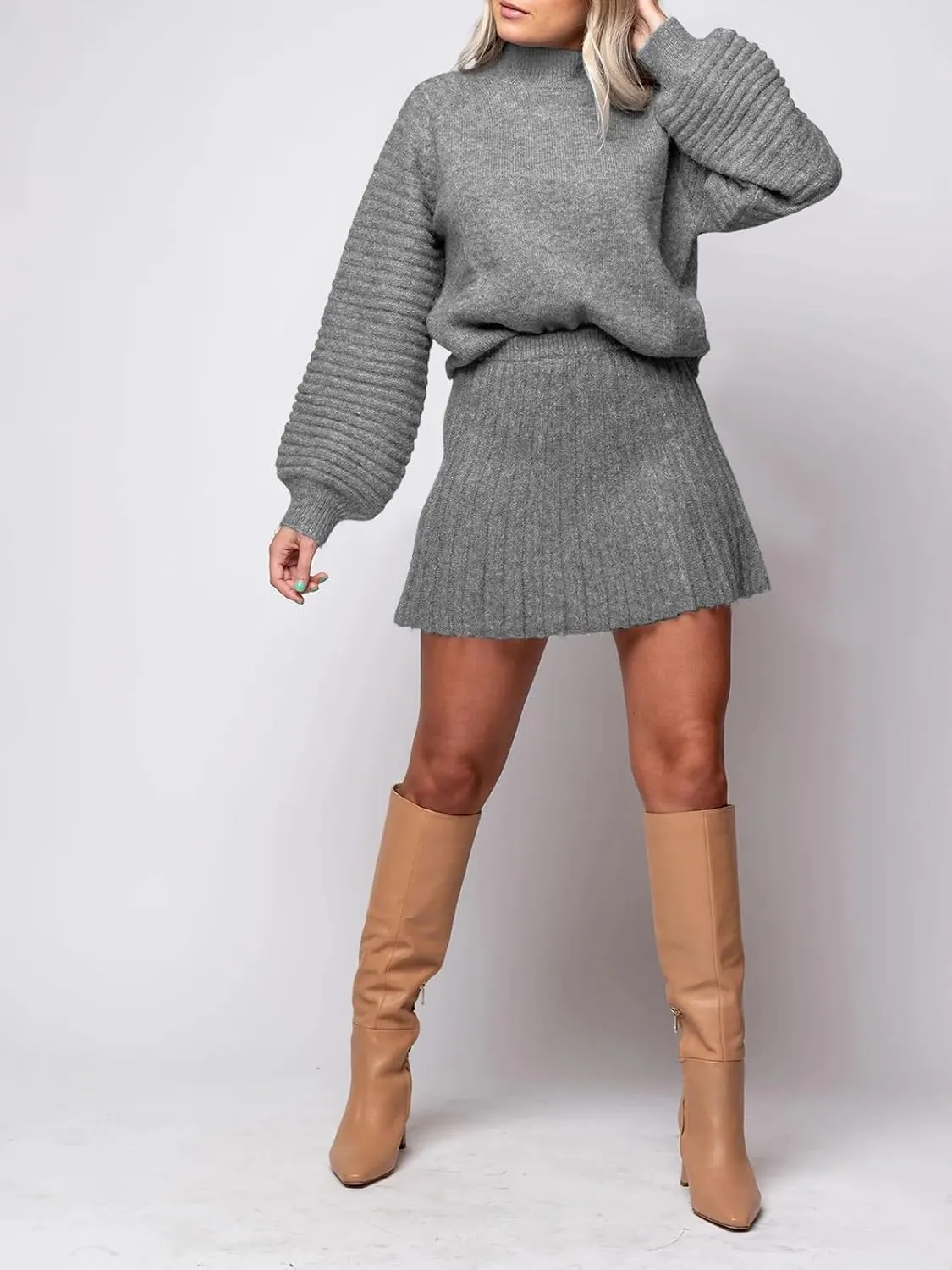 Zwurew Women's 2 Piece Outfits 2024 Long Sleeve Mock Neck Ribbed Sweaters And Mini Skirt Two Piece Sets