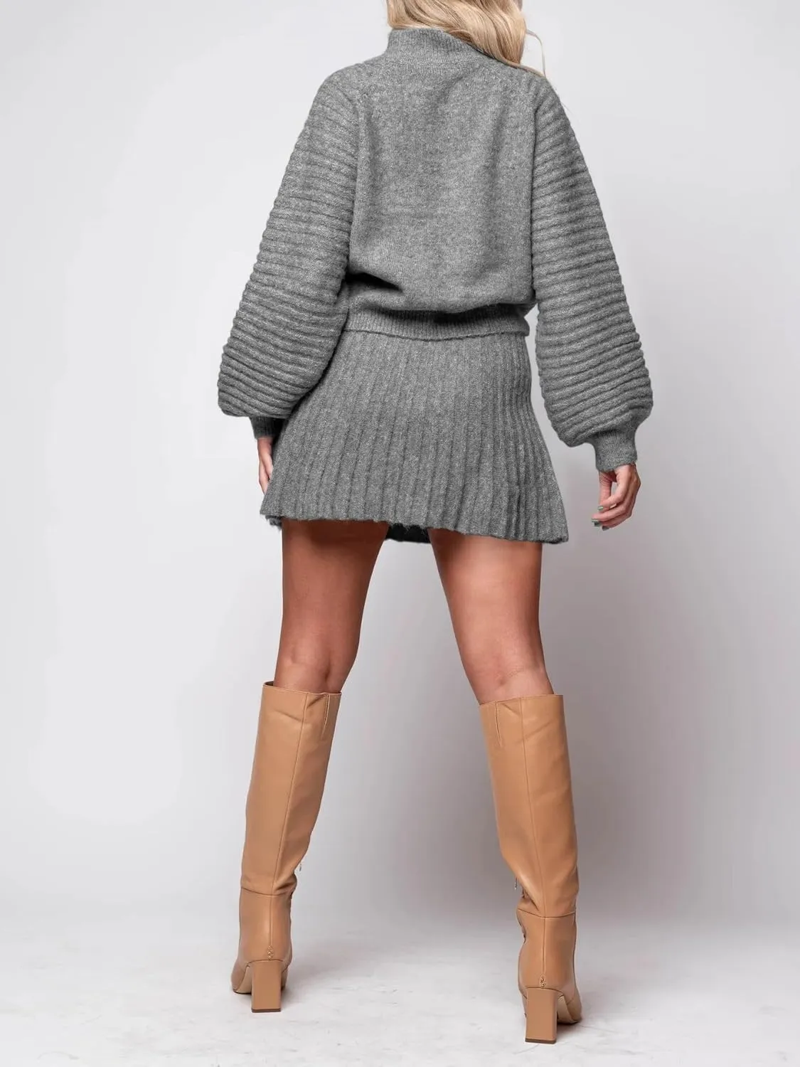 Zwurew Women's 2 Piece Outfits 2024 Long Sleeve Mock Neck Ribbed Sweaters And Mini Skirt Two Piece Sets
