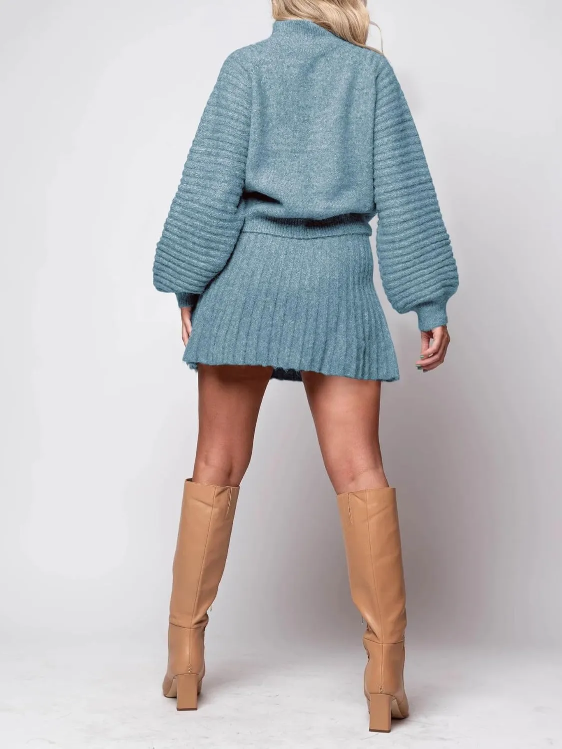 Zwurew Women's 2 Piece Outfits 2024 Long Sleeve Mock Neck Ribbed Sweaters And Mini Skirt Two Piece Sets